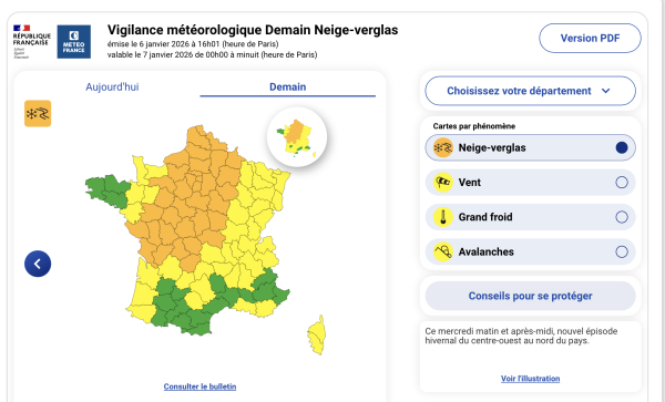 Vigilance Orange Neige / Verglas mercredi 7 janvier 2026