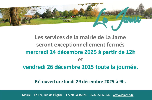 Fermeture exceptionnelle de la mairie le 24 d&eacute;cembre &agrave; midi et le 26 d&eacute;cembre