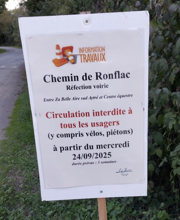 Travaux sur le Chemin de Ronflac à partir du 24 septembre